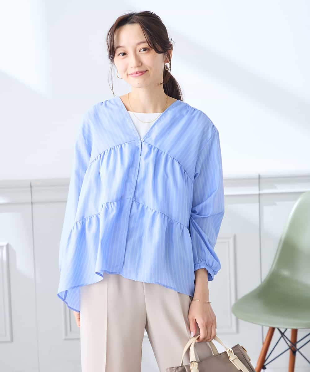 K3BGD32049 a.v.v Elmi(アー・ヴェ・ヴェ) 【低身長サイズ】ストライプ柄ティアードシアーブラウス ライトブルー