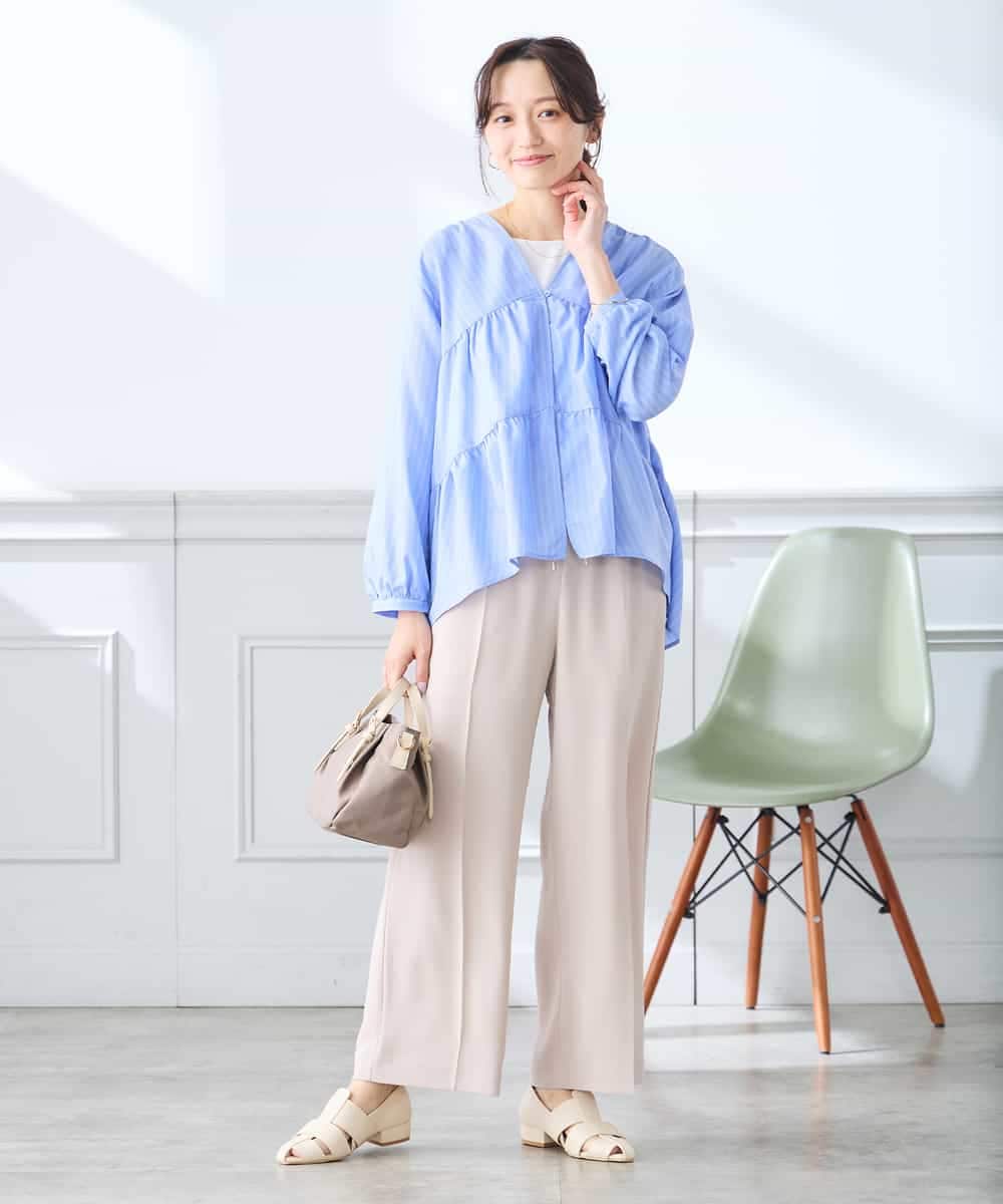 K3BGD32049 a.v.v Elmi(アー・ヴェ・ヴェ) 【低身長サイズ】ストライプ柄ティアードシアーブラウス ライトブルー