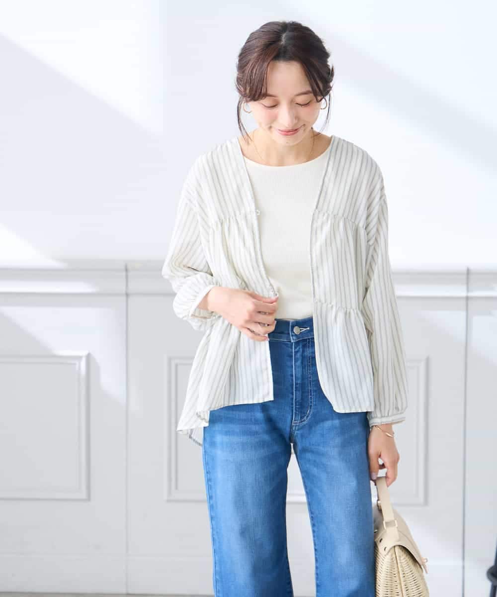 K3BGD32049 a.v.v Elmi(アー・ヴェ・ヴェ) 【低身長サイズ】ストライプ柄ティアードシアーブラウス ライトブルー