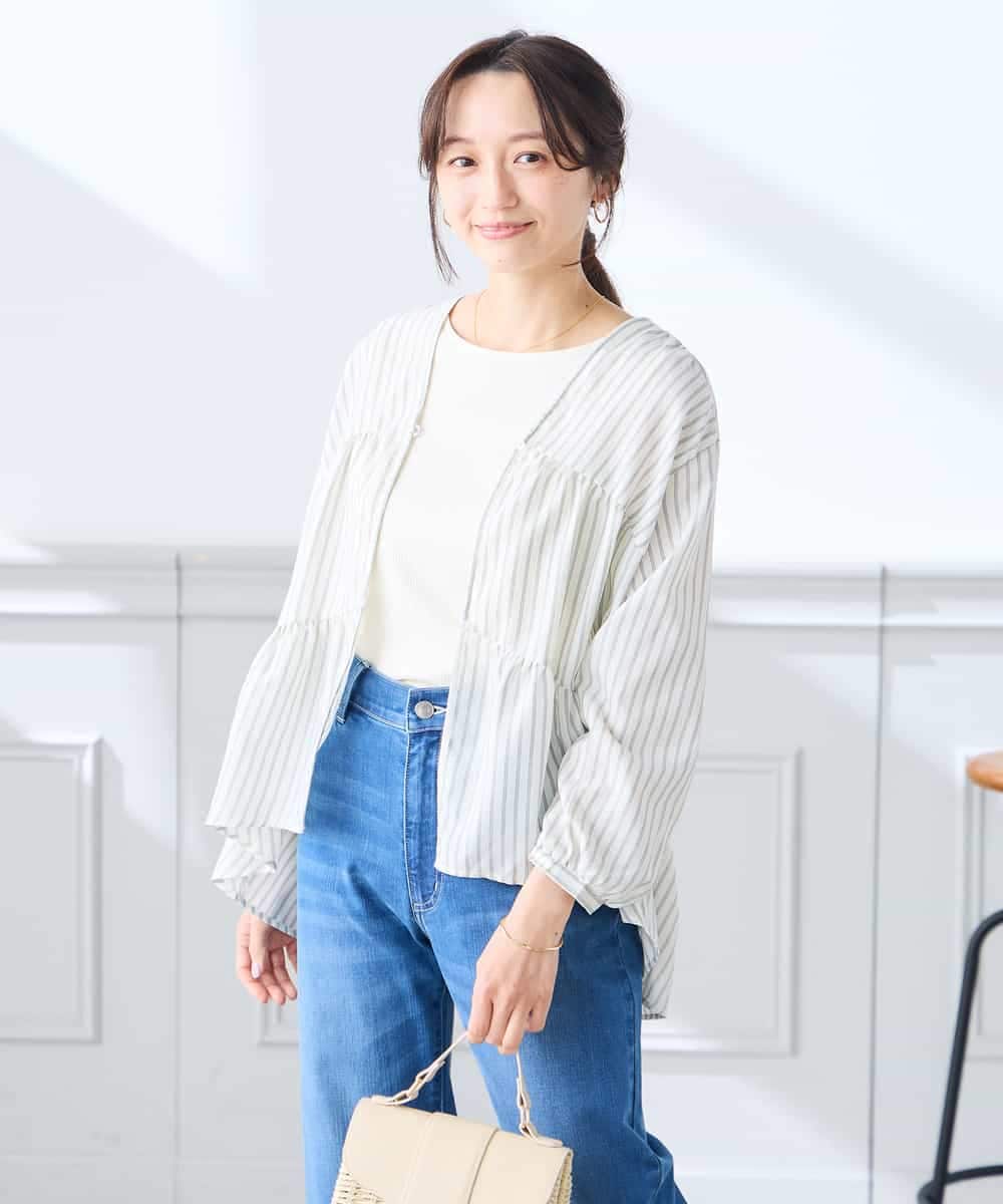 K3BGD32049 a.v.v Elmi(アー・ヴェ・ヴェ) 【低身長サイズ】ストライプ柄ティアードシアーブラウス ライトブルー