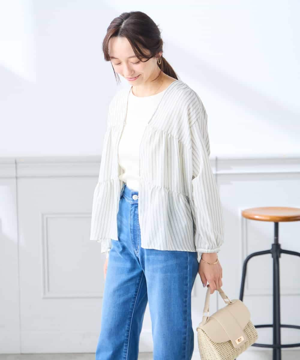 K3BGD32049 a.v.v Elmi(アー・ヴェ・ヴェ) 【低身長サイズ】ストライプ柄ティアードシアーブラウス ライトブルー