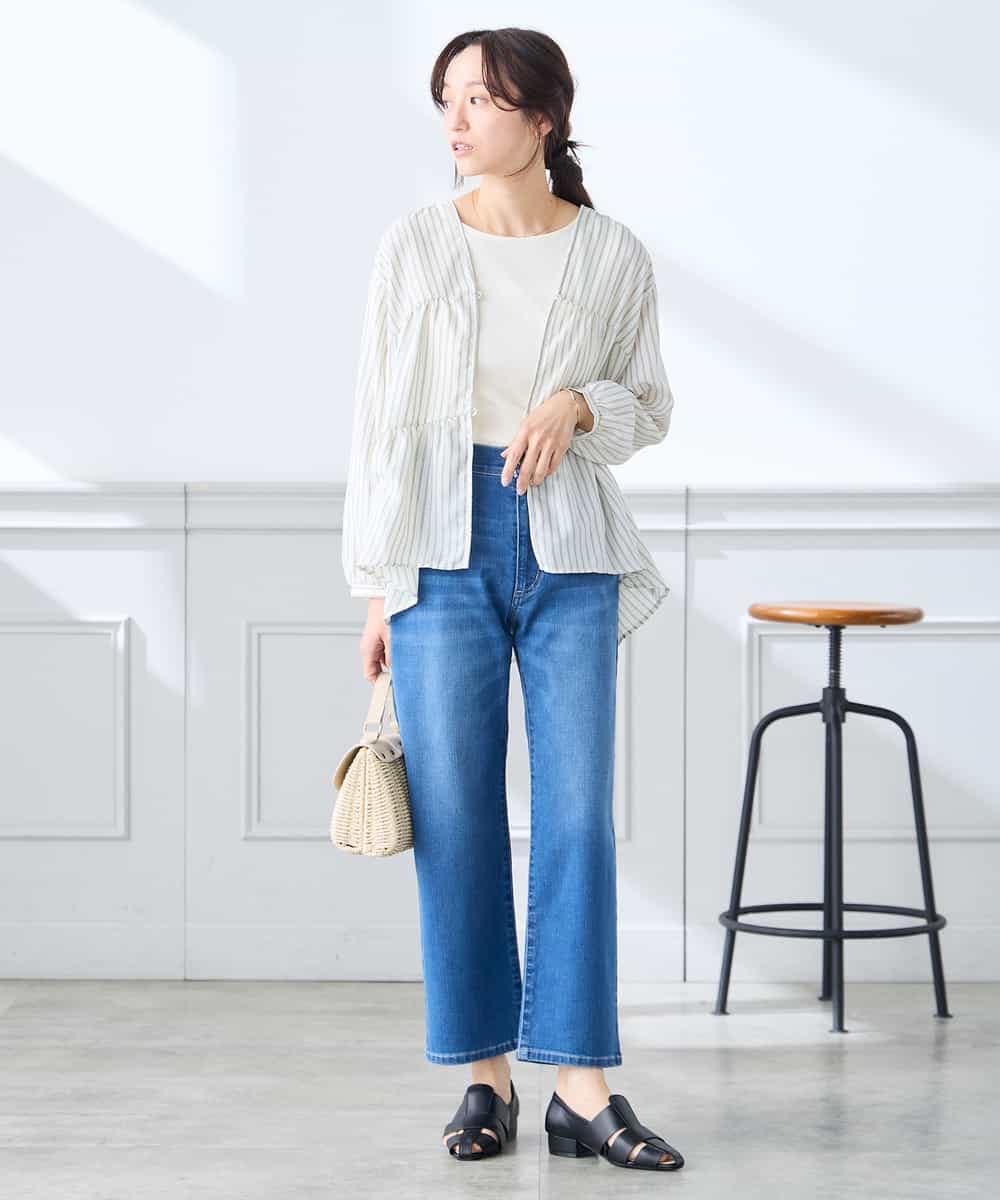 K3BGD32049 a.v.v Elmi(アー・ヴェ・ヴェ) 【低身長サイズ】ストライプ柄ティアードシアーブラウス ライトブルー