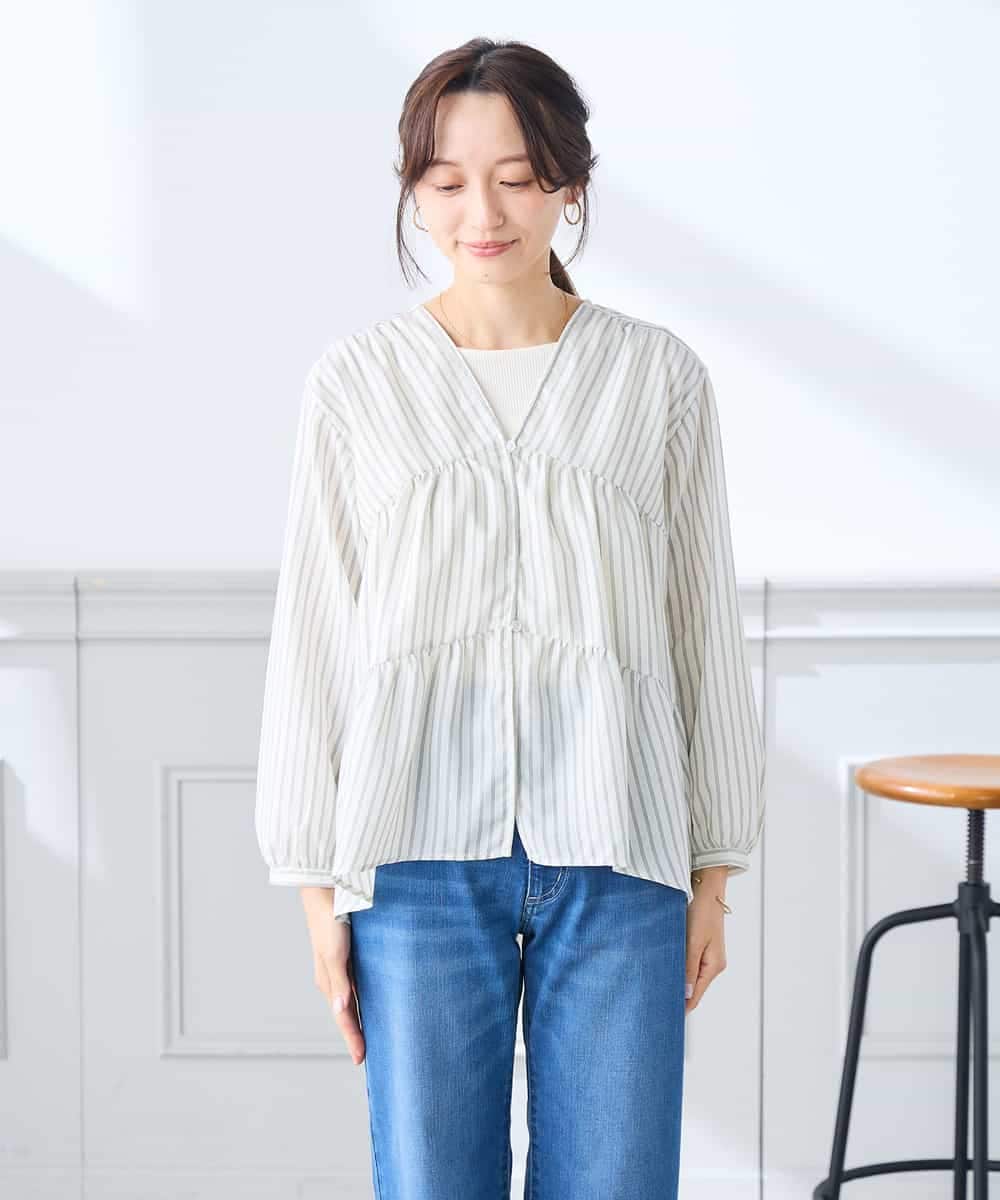 K3BGD32049 a.v.v Elmi(アー・ヴェ・ヴェ) 【低身長サイズ】ストライプ柄ティアードシアーブラウス ライトブルー
