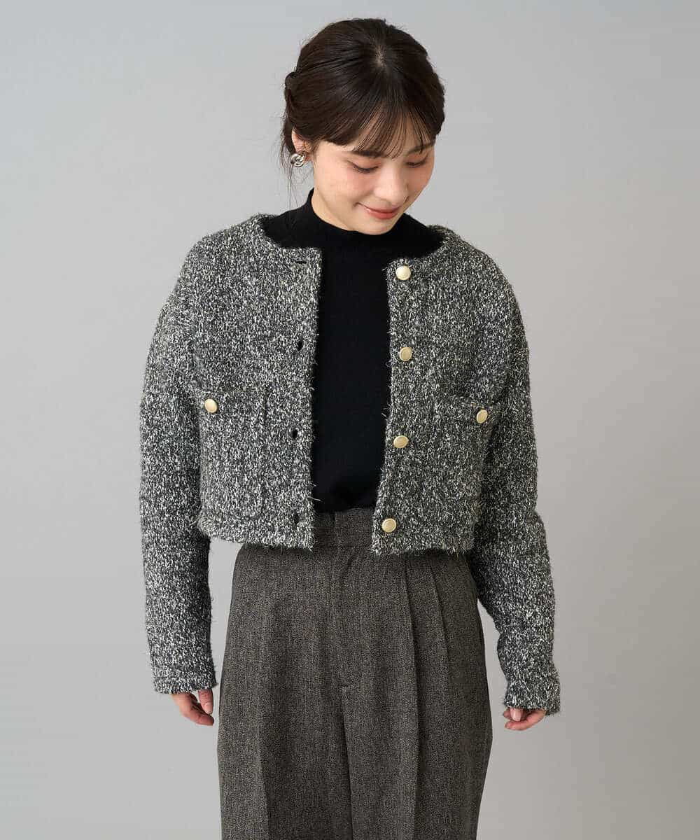 K3CBD16079 a.v.v Elmi(アー・ヴェ・ヴェ) 【低身長サイズ】ラメツィードニットジャケット ブラック系