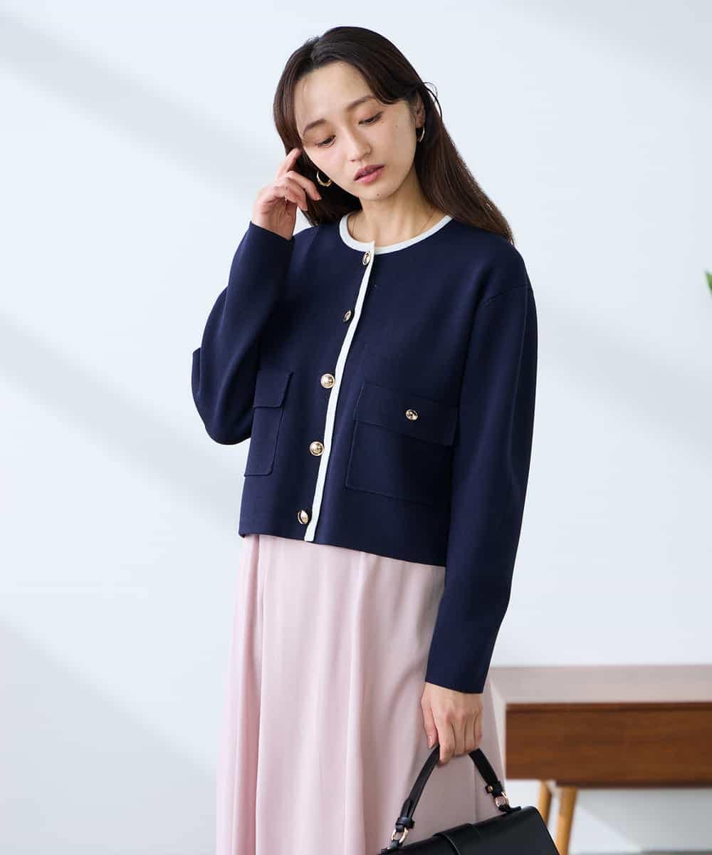 K3CFD02059 a.v.v Elmi(アー・ヴェ・ヴェ) 【低身長サイズ】メタルボタンポケットニットジャケット ネイビー