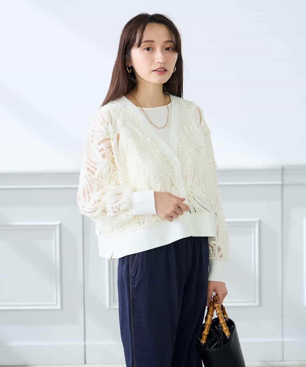 K3CFD07059 a.v.v Elmi(アー・ヴェ・ヴェ) 【低身長サイズ】チュールシシュウレースカーデ アイボリー