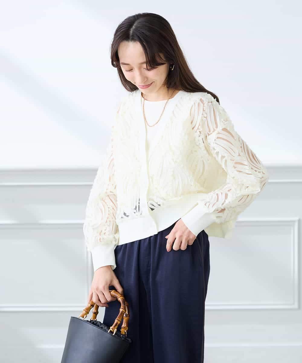 K3CFD07059 a.v.v Elmi(アー・ヴェ・ヴェ) 【低身長サイズ】チュールシシュウレースカーデ アイボリー