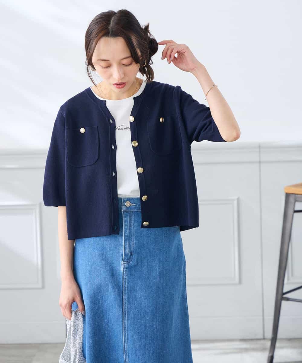 K3CGD12059 a.v.v Elmi(アー・ヴェ・ヴェ) 【低身長サイズ】6分袖ジャケットライクカーディガン ネイビー