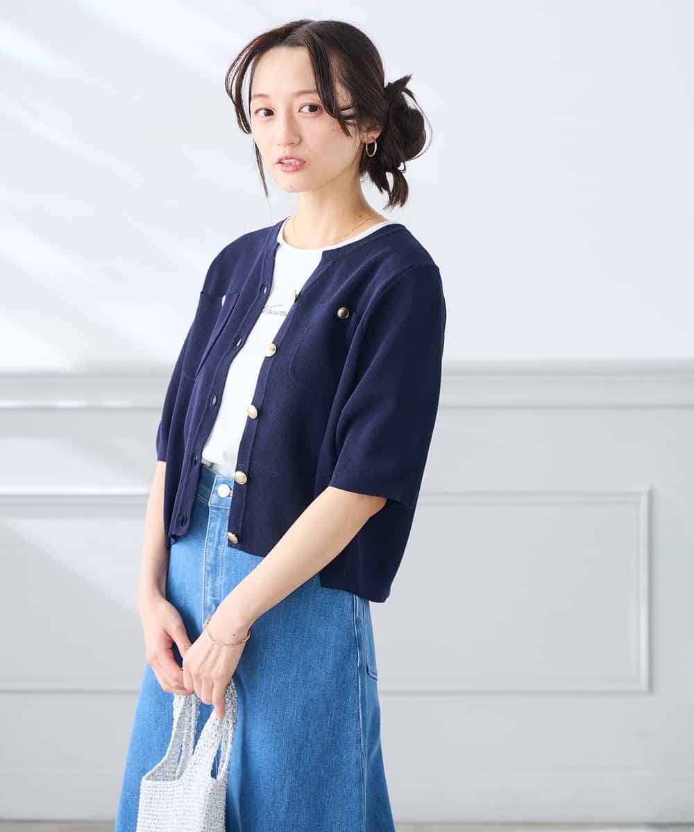 K3CGD12059 a.v.v Elmi(アー・ヴェ・ヴェ) 【低身長サイズ】6分袖ジャケットライクカーディガン ネイビー