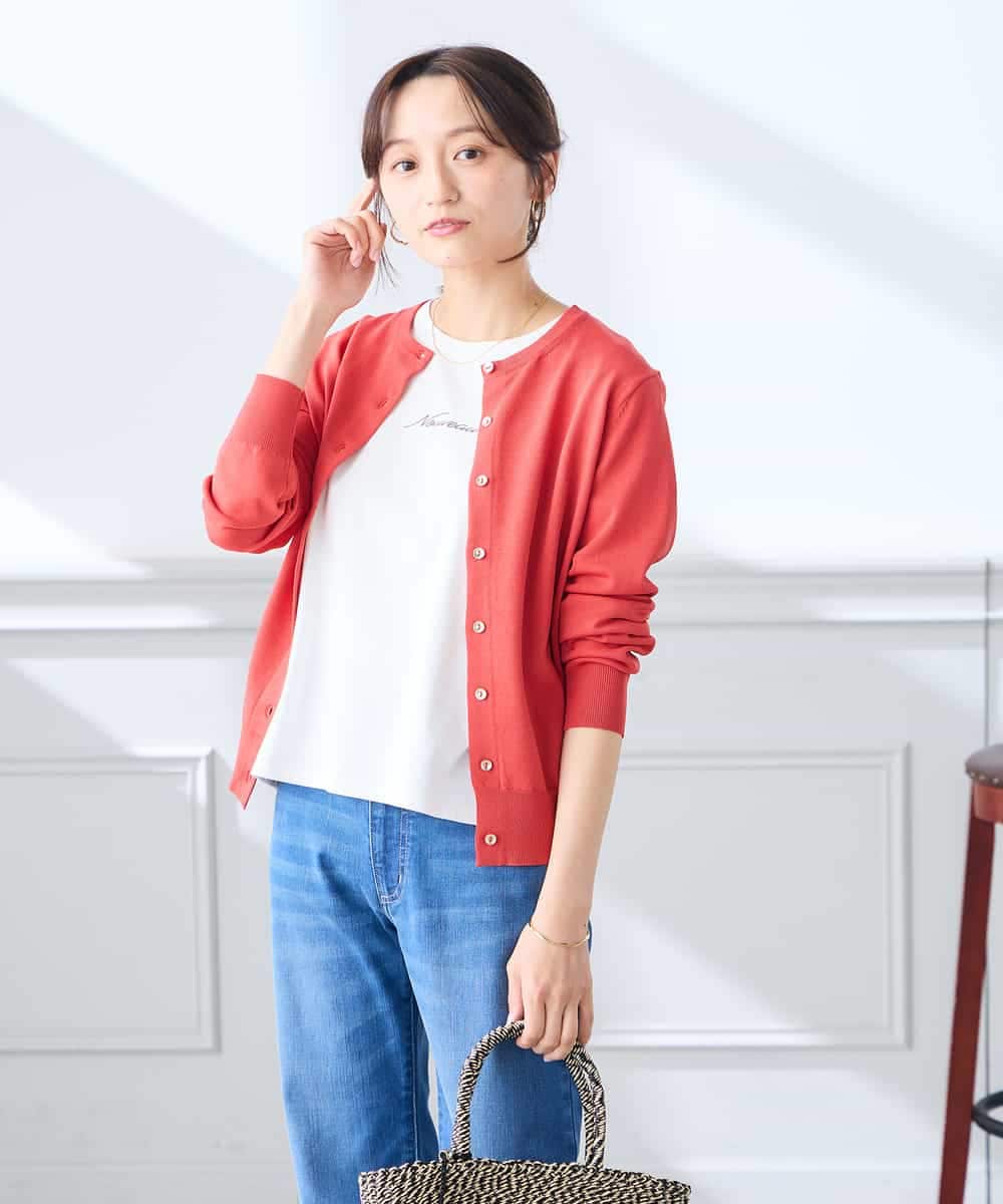 K3CGD20049 a.v.v Elmi(アー・ヴェ・ヴェ) 【低身長サイズ】クルーネックサマーカーディガン【洗える/接触冷感/UVカット】 レッド