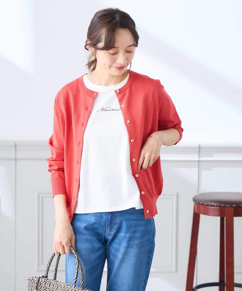 K3CGD20049 a.v.v Elmi(アー・ヴェ・ヴェ) 【低身長サイズ】クルーネックサマーカーディガン【洗える/接触冷感/UVカット】 レッド