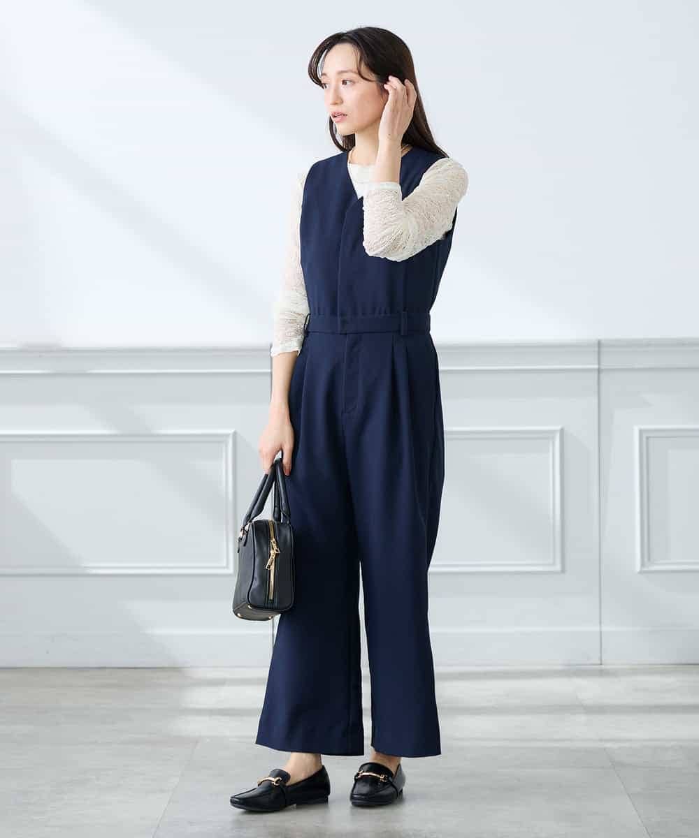 K3EFD03109 a.v.v Elmi(アー・ヴェ・ヴェ) 【低身長サイズ】【洗える】Vネックコンビネゾン ネイビー