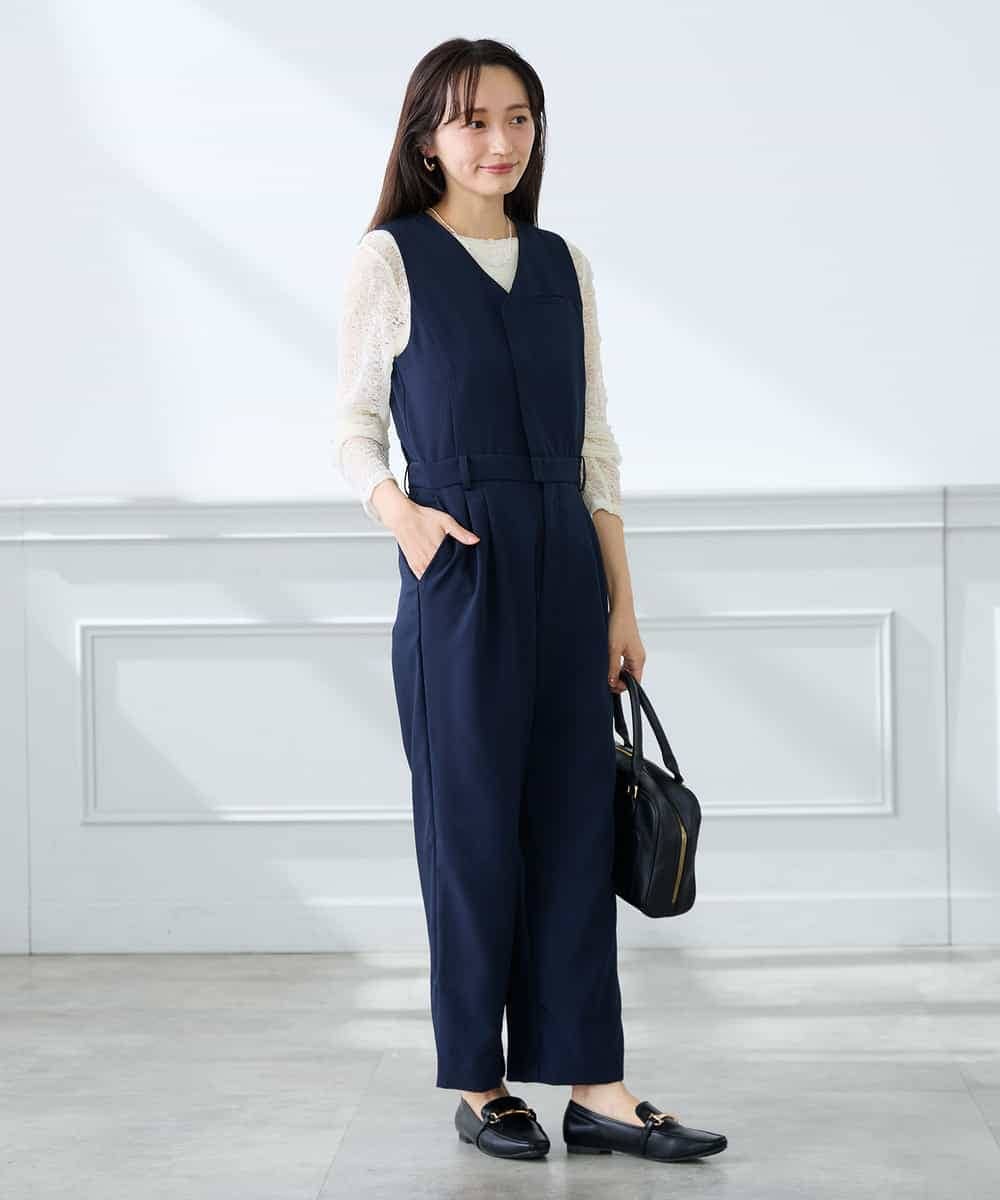 K3EFD03109 a.v.v Elmi(アー・ヴェ・ヴェ) 【低身長サイズ】【洗える】Vネックコンビネゾン ネイビー