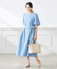 K3EGD01089 a.v.v Elmi(アー・ヴェ・ヴェ) 【低身長サイズ】ソフトサッカーパフスリーブワンピース ブルー