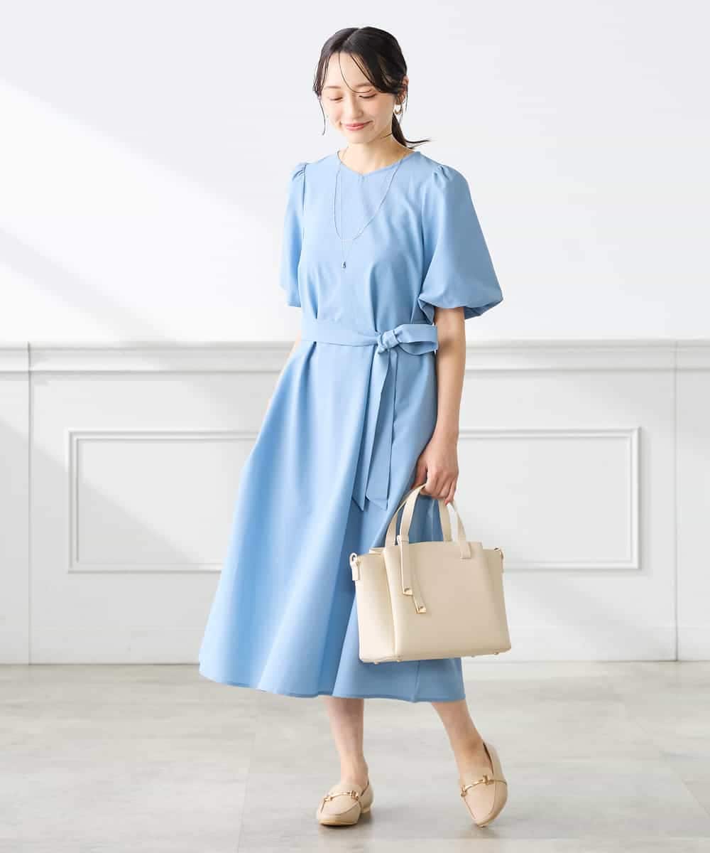 K3EGD01089 a.v.v Elmi(アー・ヴェ・ヴェ) 【低身長サイズ】ソフトサッカーパフスリーブワンピース ブルー