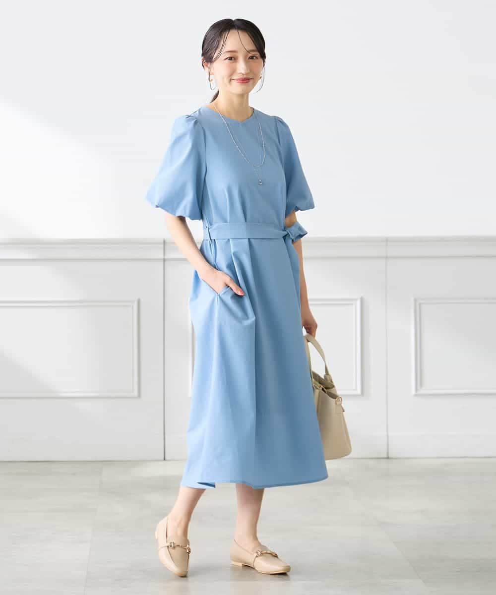 K3EGD01089 a.v.v Elmi(アー・ヴェ・ヴェ) 【低身長サイズ】ソフトサッカーパフスリーブワンピース ブルー