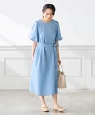 K3EGD01089 a.v.v Elmi(アー・ヴェ・ヴェ) 【低身長サイズ】ソフトサッカーパフスリーブワンピース ブルー