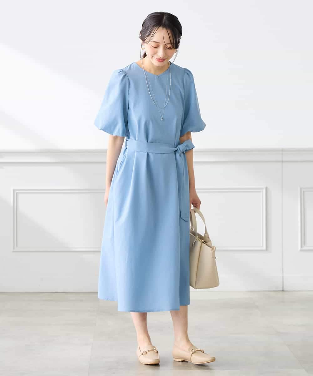 K3EGD01089 a.v.v Elmi(アー・ヴェ・ヴェ) 【低身長サイズ】ソフトサッカーパフスリーブワンピース ブルー