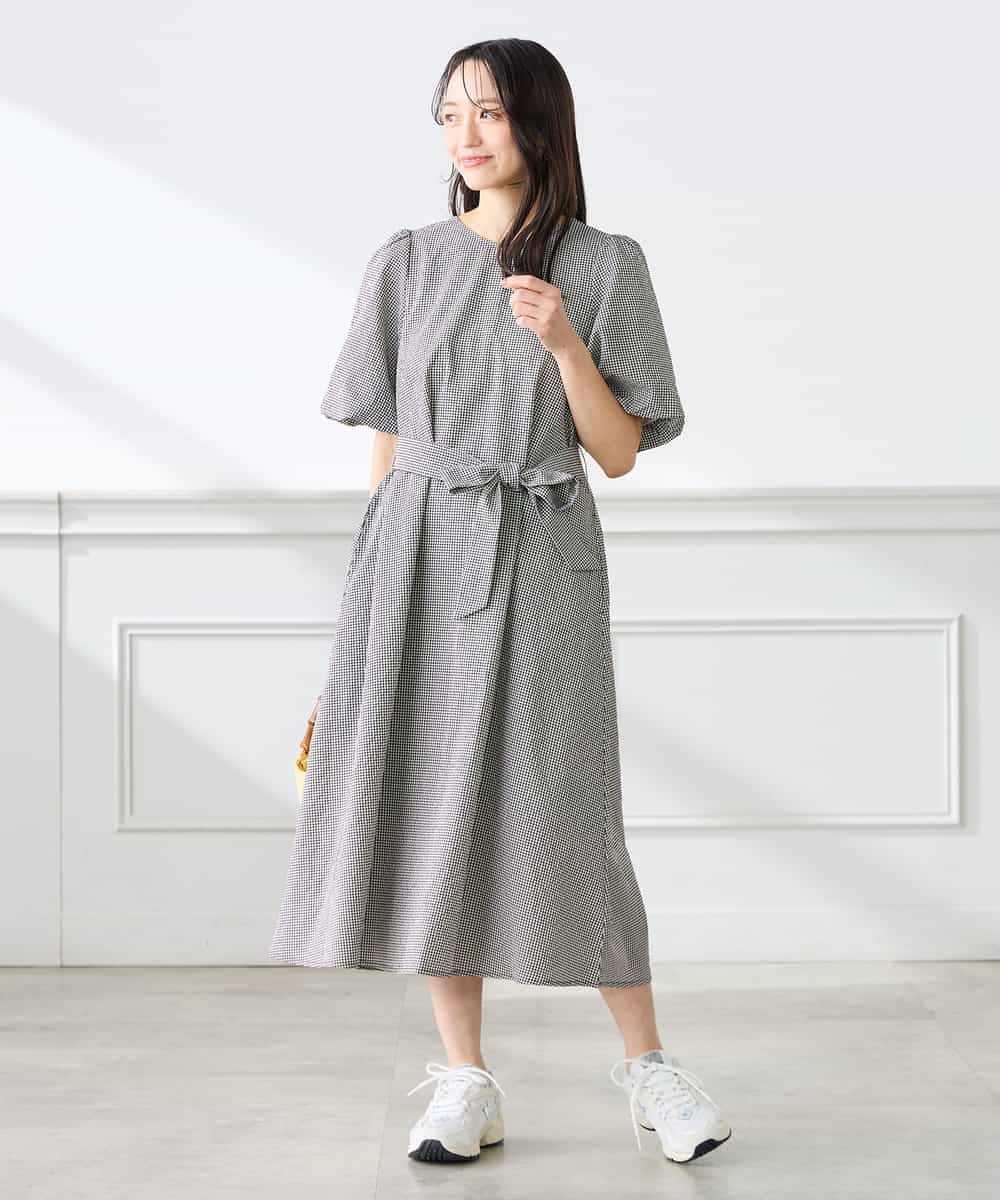 K3EGD01089 a.v.v Elmi(アー・ヴェ・ヴェ) 【低身長サイズ】ソフトサッカーパフスリーブワンピース ブルー