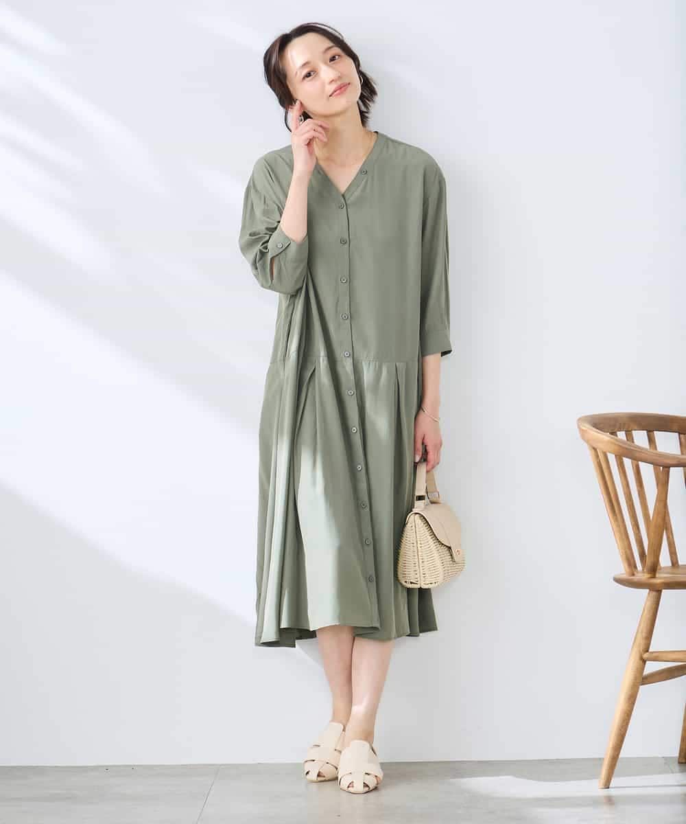 K3EGD11079 a.v.v Elmi(アー・ヴェ・ヴェ) 【低身長サイズ/洗える】カラーレスシャツワンピース カーキ