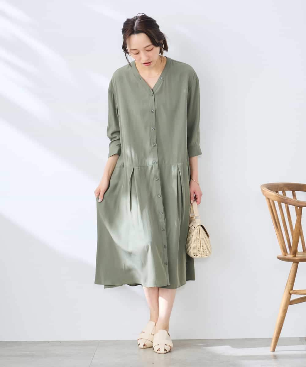 K3EGD11079 a.v.v Elmi(アー・ヴェ・ヴェ) 【低身長サイズ/洗える】カラーレスシャツワンピース カーキ