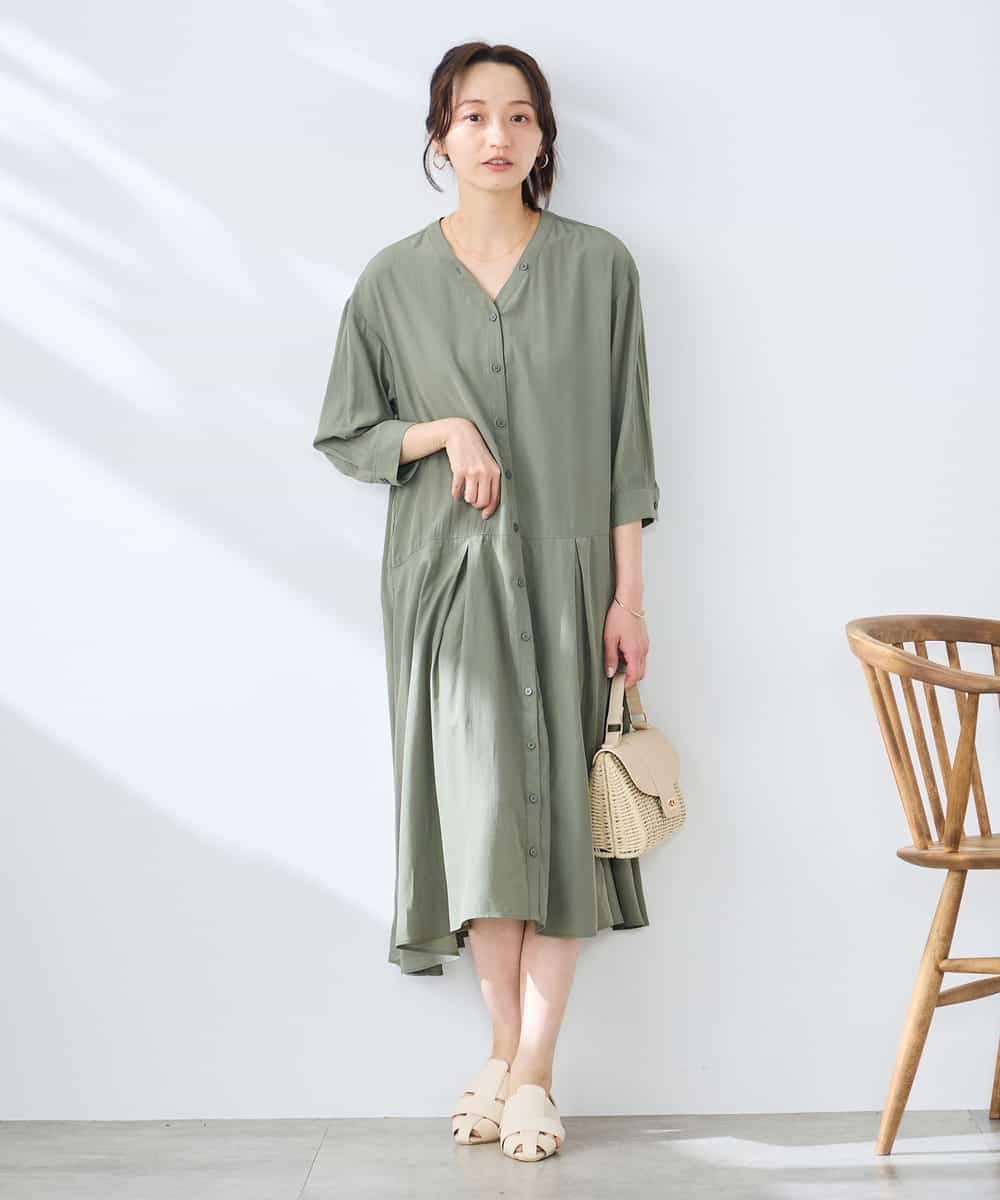 K3EGD11079 a.v.v Elmi(アー・ヴェ・ヴェ) 【低身長サイズ/洗える】カラーレスシャツワンピース カーキ