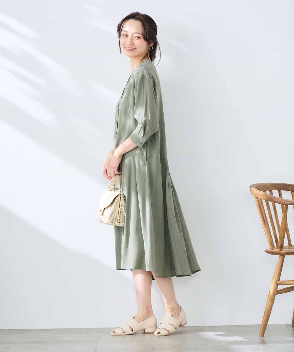 K3EGD11079 a.v.v Elmi(アー・ヴェ・ヴェ) 【低身長サイズ/洗える】カラーレスシャツワンピース カーキ