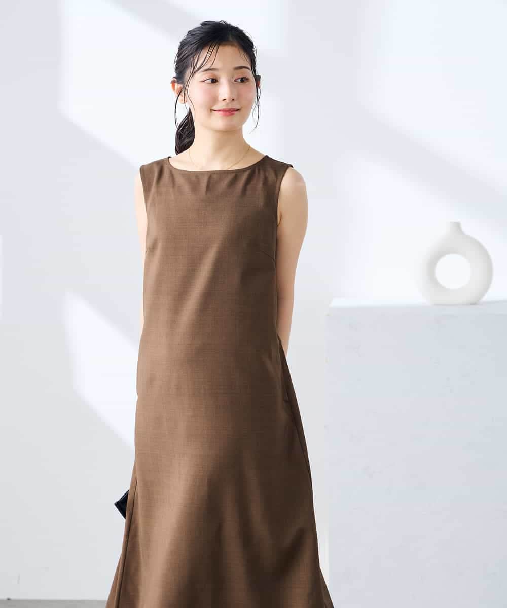 K3EHD14079 a.v.v Elmi(アー・ヴェ・ヴェ) 【低身長サイズ/洗える】ノースリーブフレアワンピース ベージュ