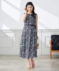 K3EHD15089 a.v.v Elmi(アー・ヴェ・ヴェ) 【低身長サイズ/洗える】フラワープリントギャザーノースリーブワンピース ネイビー