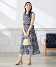 K3EHD15089 a.v.v Elmi(アー・ヴェ・ヴェ) 【低身長サイズ/洗える】フラワープリントギャザーノースリーブワンピース ネイビー