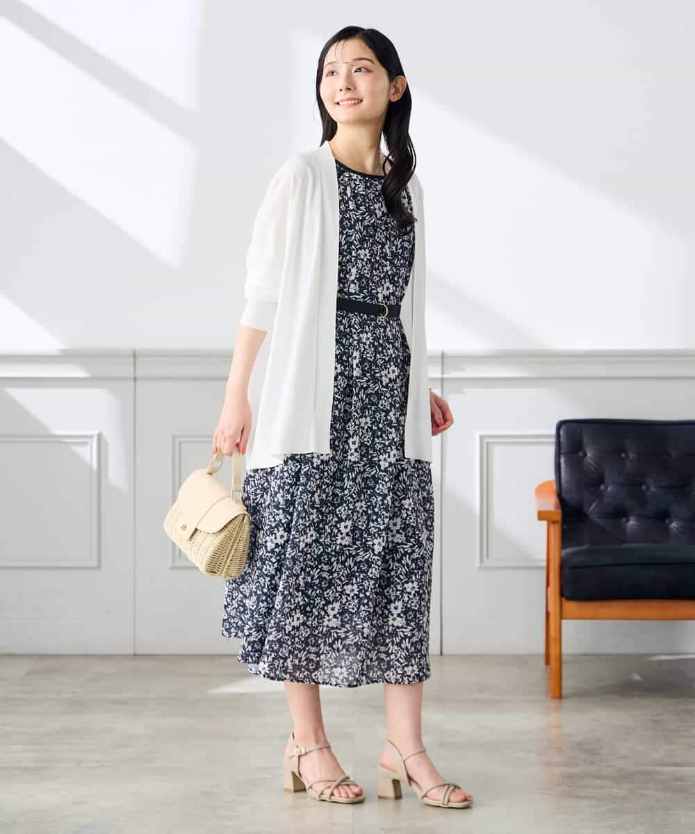 K3EHD15089 a.v.v Elmi(アー・ヴェ・ヴェ) 【低身長サイズ/洗える】フラワープリントギャザーノースリーブワンピース ネイビー