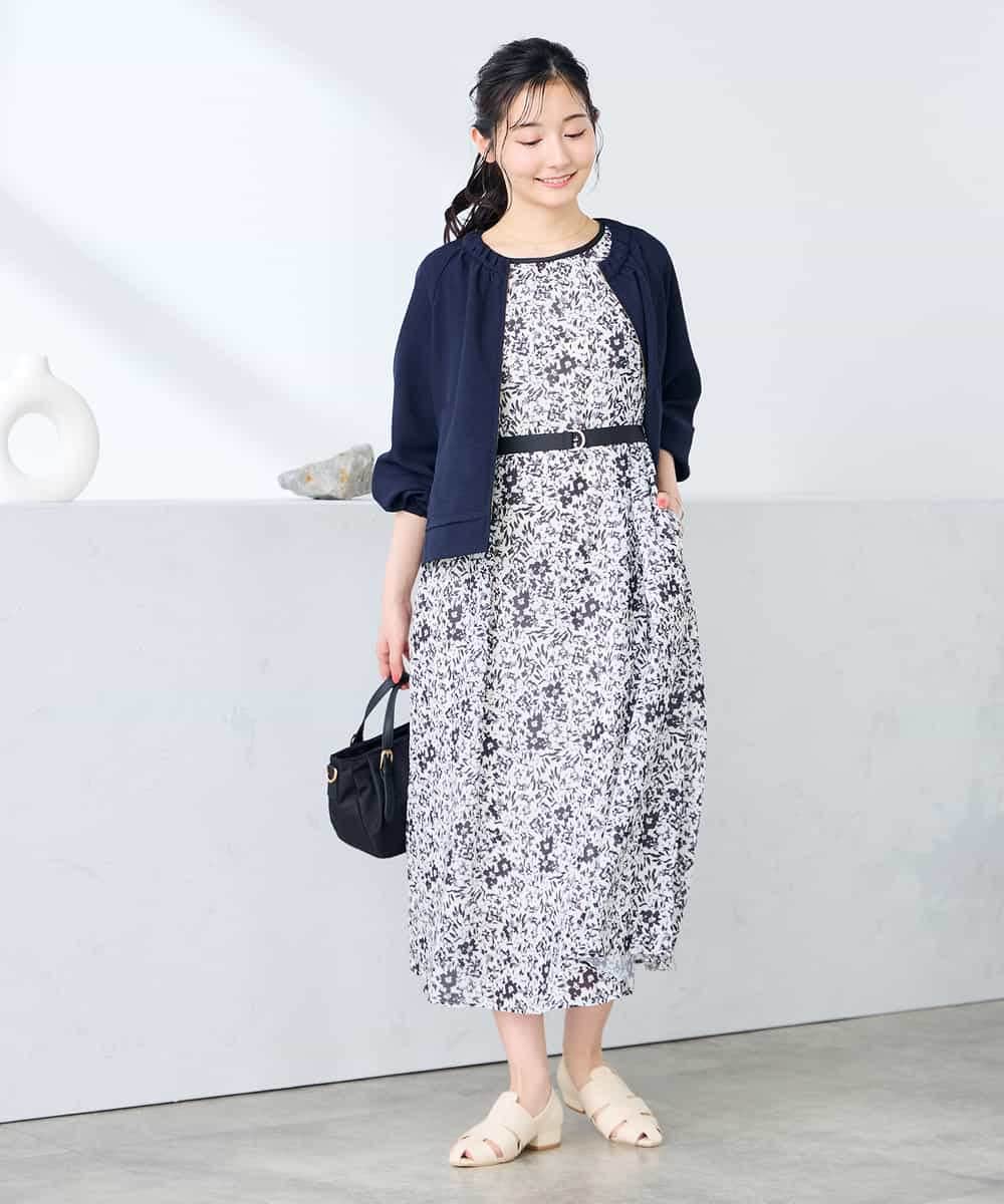 K3EHD15089 a.v.v Elmi(アー・ヴェ・ヴェ) 【低身長サイズ/洗える】フラワープリントギャザーノースリーブワンピース ネイビー