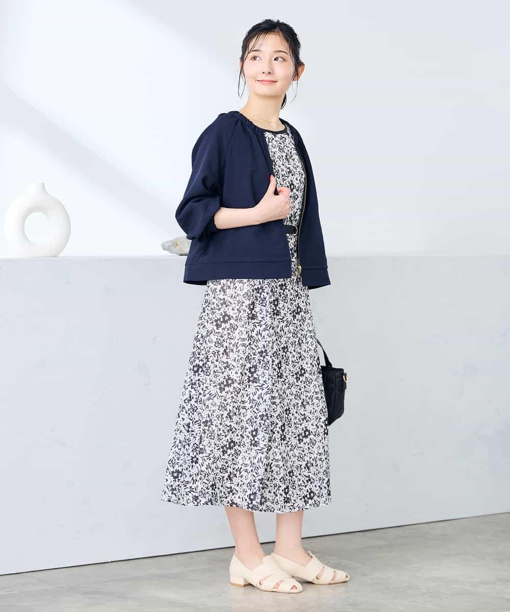 K3EHD15089 a.v.v Elmi(アー・ヴェ・ヴェ) 【低身長サイズ/洗える】フラワープリントギャザーノースリーブワンピース ネイビー