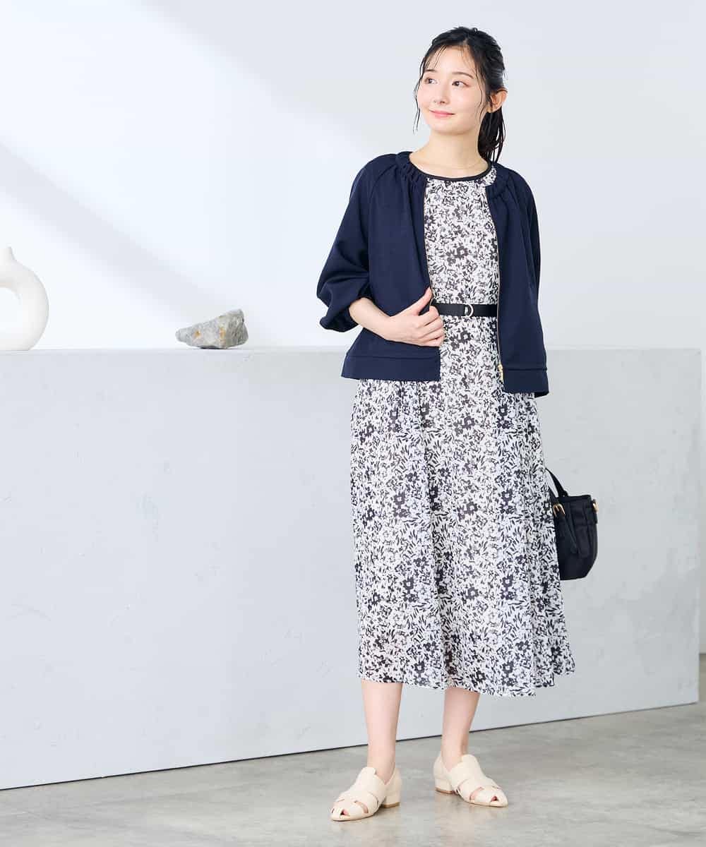 K3EHD15089 a.v.v Elmi(アー・ヴェ・ヴェ) 【低身長サイズ/洗える】フラワープリントギャザーノースリーブワンピース ネイビー