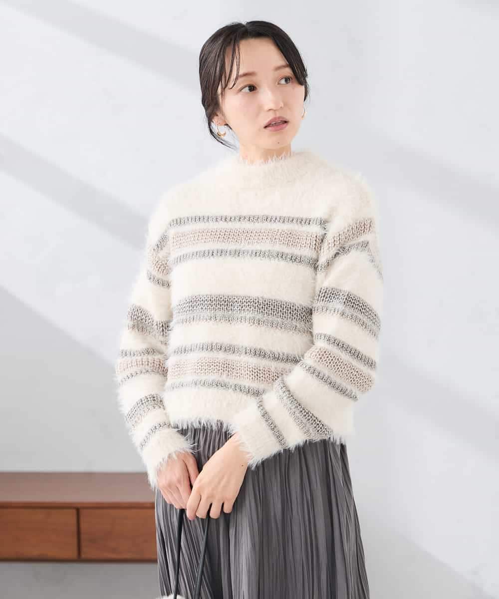 K3FBD29059 a.v.v Elmi(アー・ヴェ・ヴェ) 【低身長サイズ】フェザーボーダーニット アイボリー