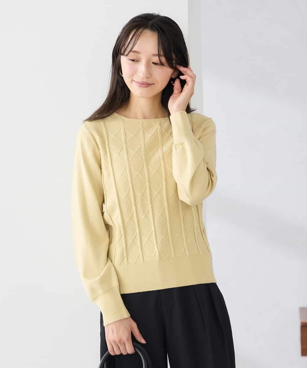 K3FBD34049 a.v.v Elmi(アー・ヴェ・ヴェ) 【低身長サイズ】アーガイル編地パフスリーブニット ライトイエロー