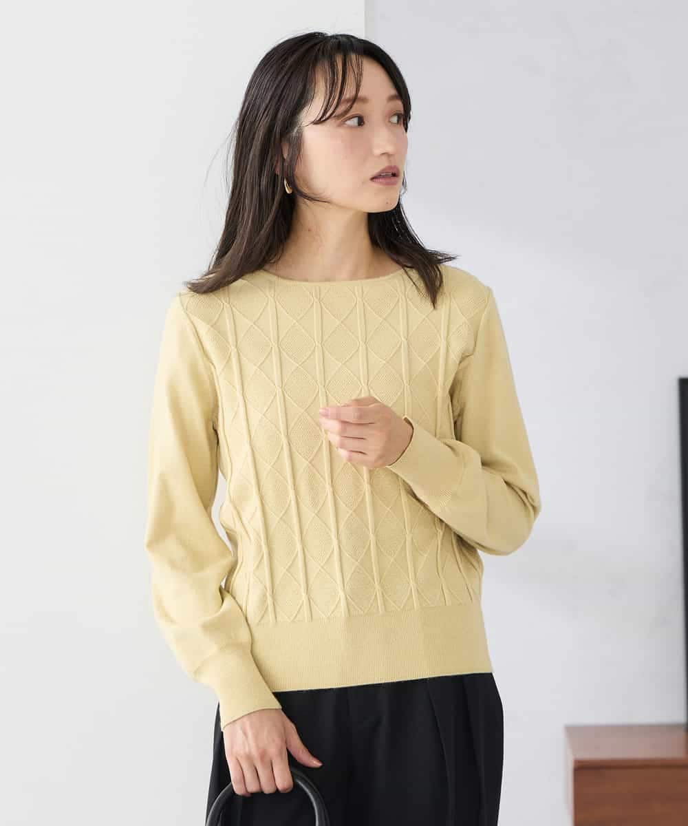 K3FBD34049 a.v.v Elmi(アー・ヴェ・ヴェ) 【低身長サイズ】アーガイル編地パフスリーブニット ライトイエロー