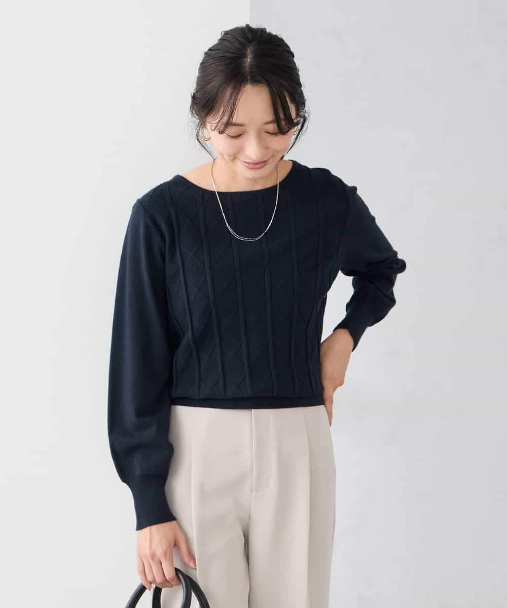 K3FBD34049 a.v.v Elmi(アー・ヴェ・ヴェ) 【低身長サイズ】アーガイル編地パフスリーブニット ライトイエロー