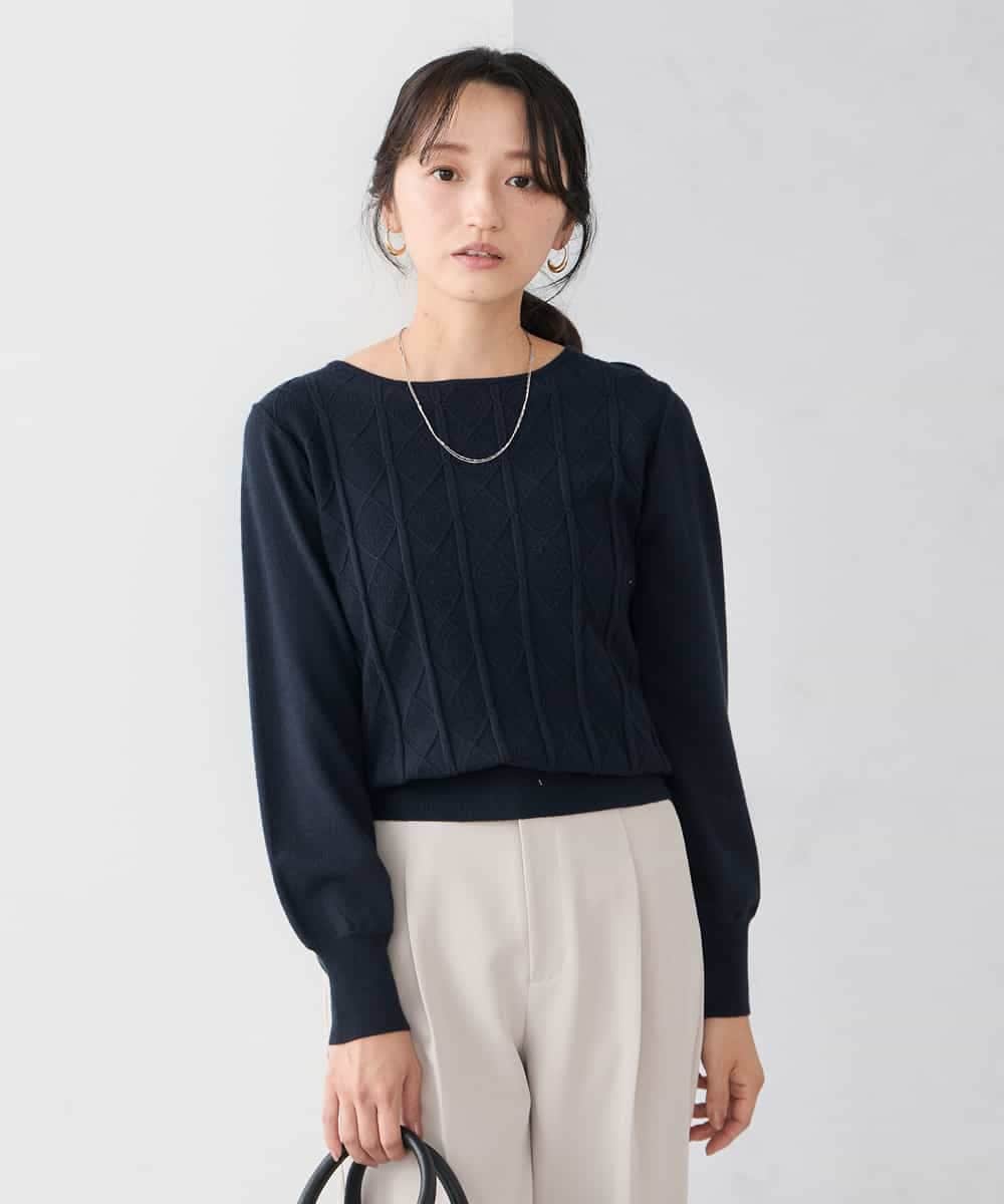 K3FBD34049 a.v.v Elmi(アー・ヴェ・ヴェ) 【低身長サイズ】アーガイル編地パフスリーブニット ライトイエロー