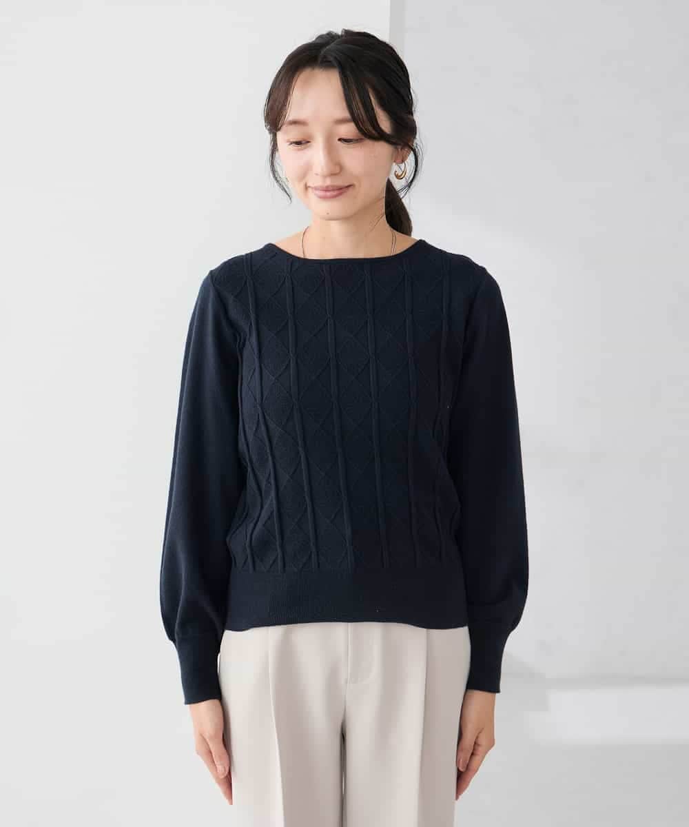 K3FBD34049 a.v.v Elmi(アー・ヴェ・ヴェ) 【低身長サイズ】アーガイル編地パフスリーブニット ライトイエロー