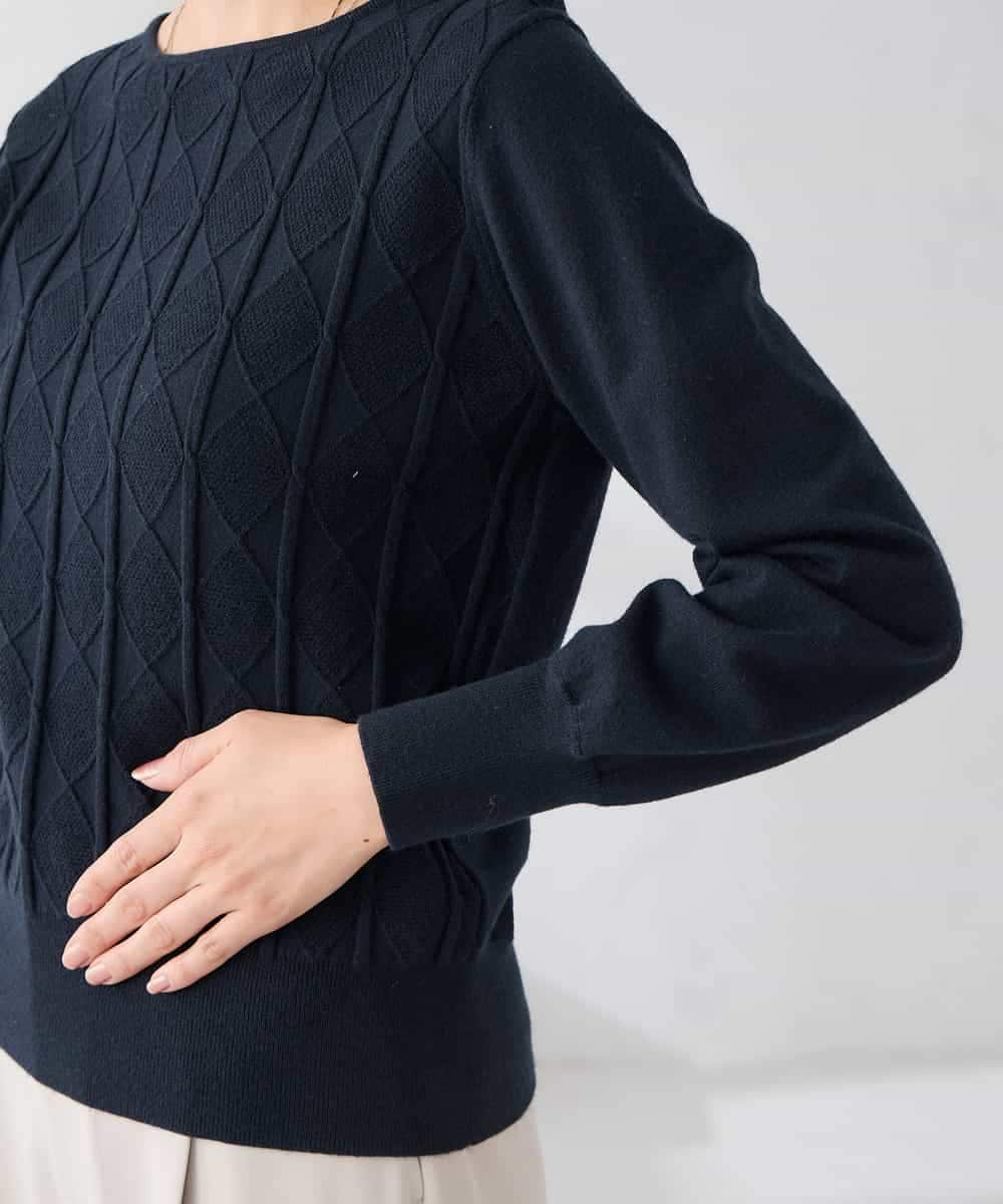 K3FBD34049 a.v.v Elmi(アー・ヴェ・ヴェ) 【低身長サイズ】アーガイル編地パフスリーブニット ライトイエロー