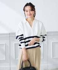 K3FDD07059 a.v.v Elmi(アー・ヴェ・ヴェ) 【低身長サイズ】ヘンリーネックボーダーニット アイボリー