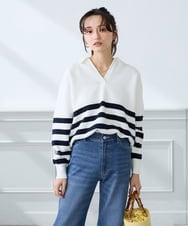 K3FDD07059 a.v.v Elmi(アー・ヴェ・ヴェ) 【低身長サイズ】ヘンリーネックボーダーニット アイボリー