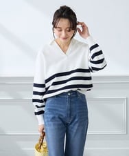 K3FDD07059 a.v.v Elmi(アー・ヴェ・ヴェ) 【低身長サイズ】ヘンリーネックボーダーニット アイボリー