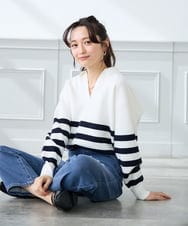 K3FDD07059 a.v.v Elmi(アー・ヴェ・ヴェ) 【低身長サイズ】ヘンリーネックボーダーニット アイボリー