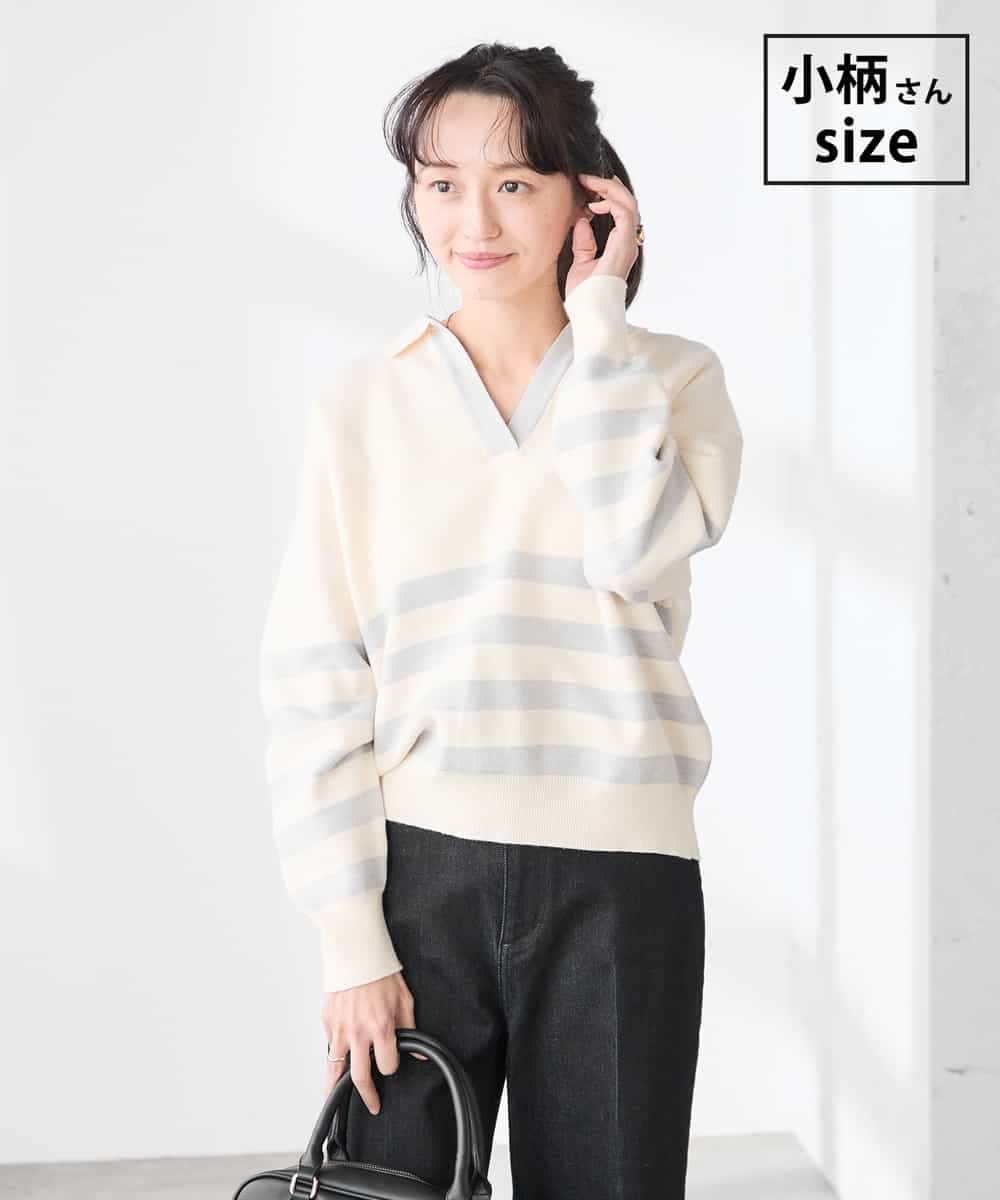 K3FDD07059 a.v.v Elmi(アー・ヴェ・ヴェ) 【低身長サイズ】ヘンリーネックボーダーニット アイボリー