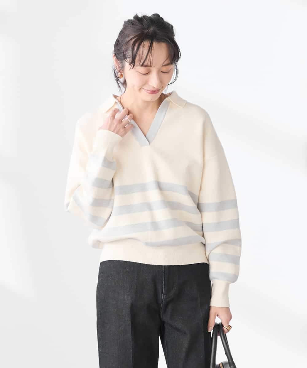 K3FDD07059 a.v.v Elmi(アー・ヴェ・ヴェ) 【低身長サイズ】ヘンリーネックボーダーニット アイボリー