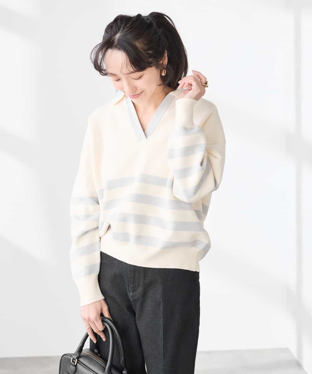 K3FDD07059 a.v.v Elmi(アー・ヴェ・ヴェ) 【低身長サイズ】ヘンリーネックボーダーニット アイボリー