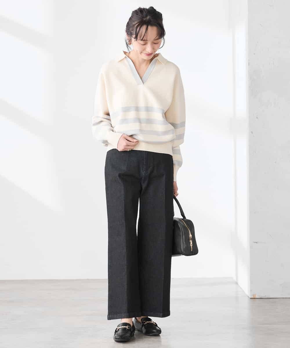 K3FDD07059 a.v.v Elmi(アー・ヴェ・ヴェ) 【低身長サイズ】ヘンリーネックボーダーニット アイボリー