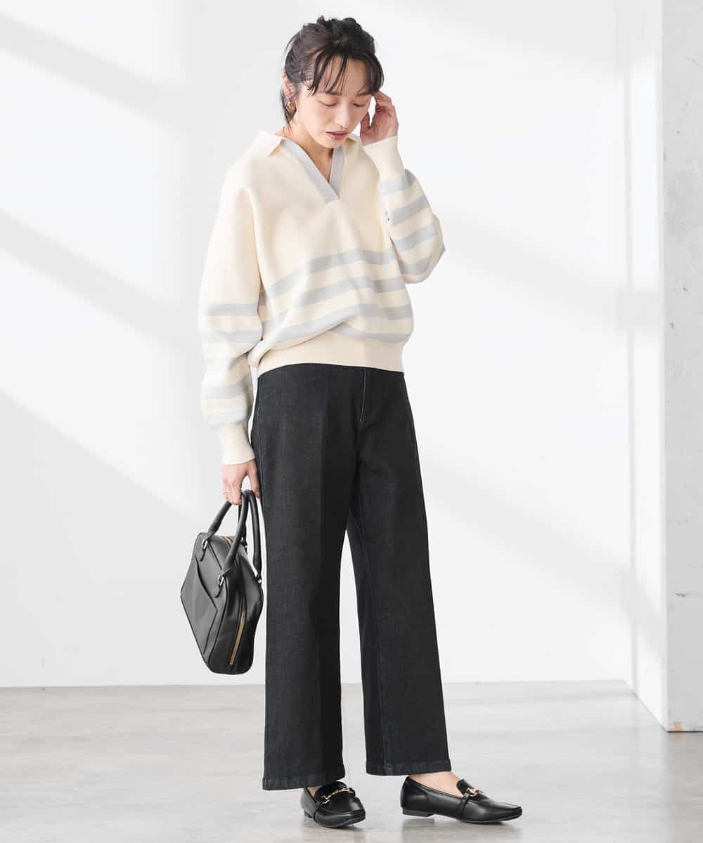 K3FDD07059 a.v.v Elmi(アー・ヴェ・ヴェ) 【低身長サイズ】ヘンリーネックボーダーニット アイボリー